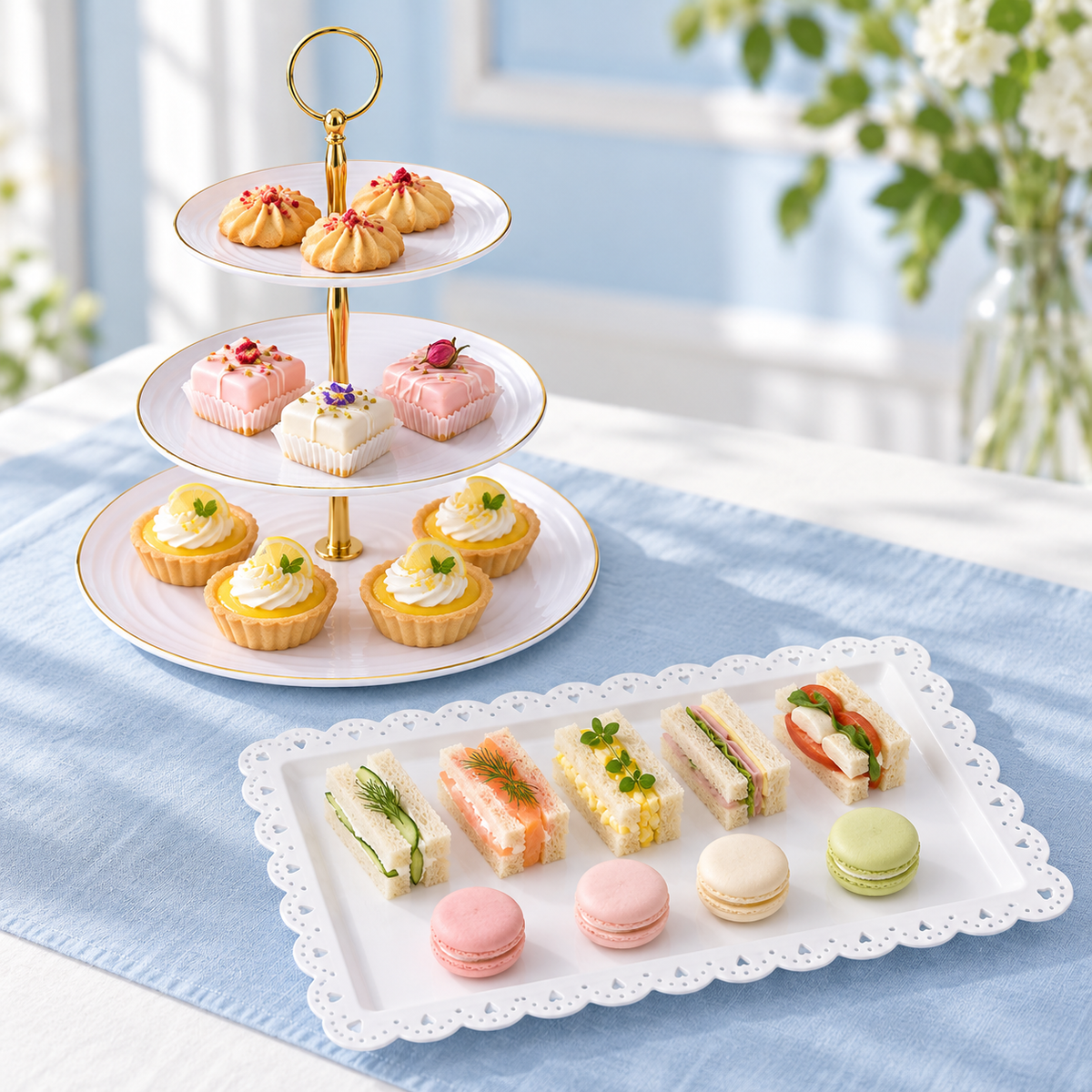 Tea-time styling detail showing one three-tier stand and one rectangular tray from the five-piece set; food and decor not included.