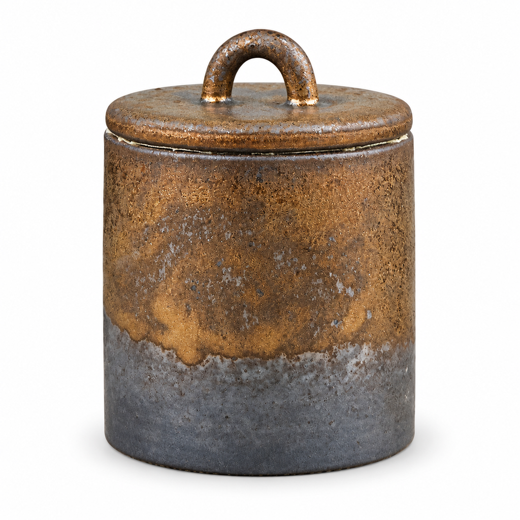 Bronze-brown and charcoal tea canister on white