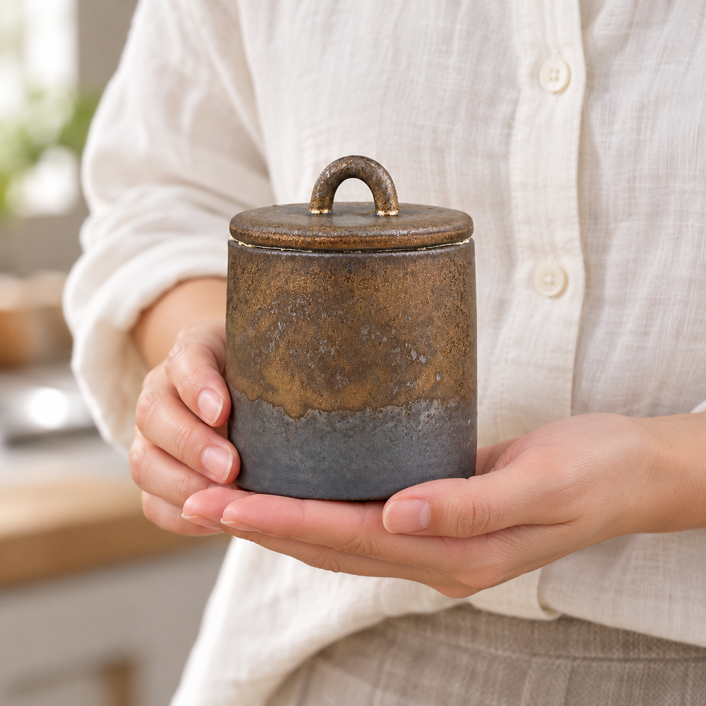 Tea canister held in adult hands for scale