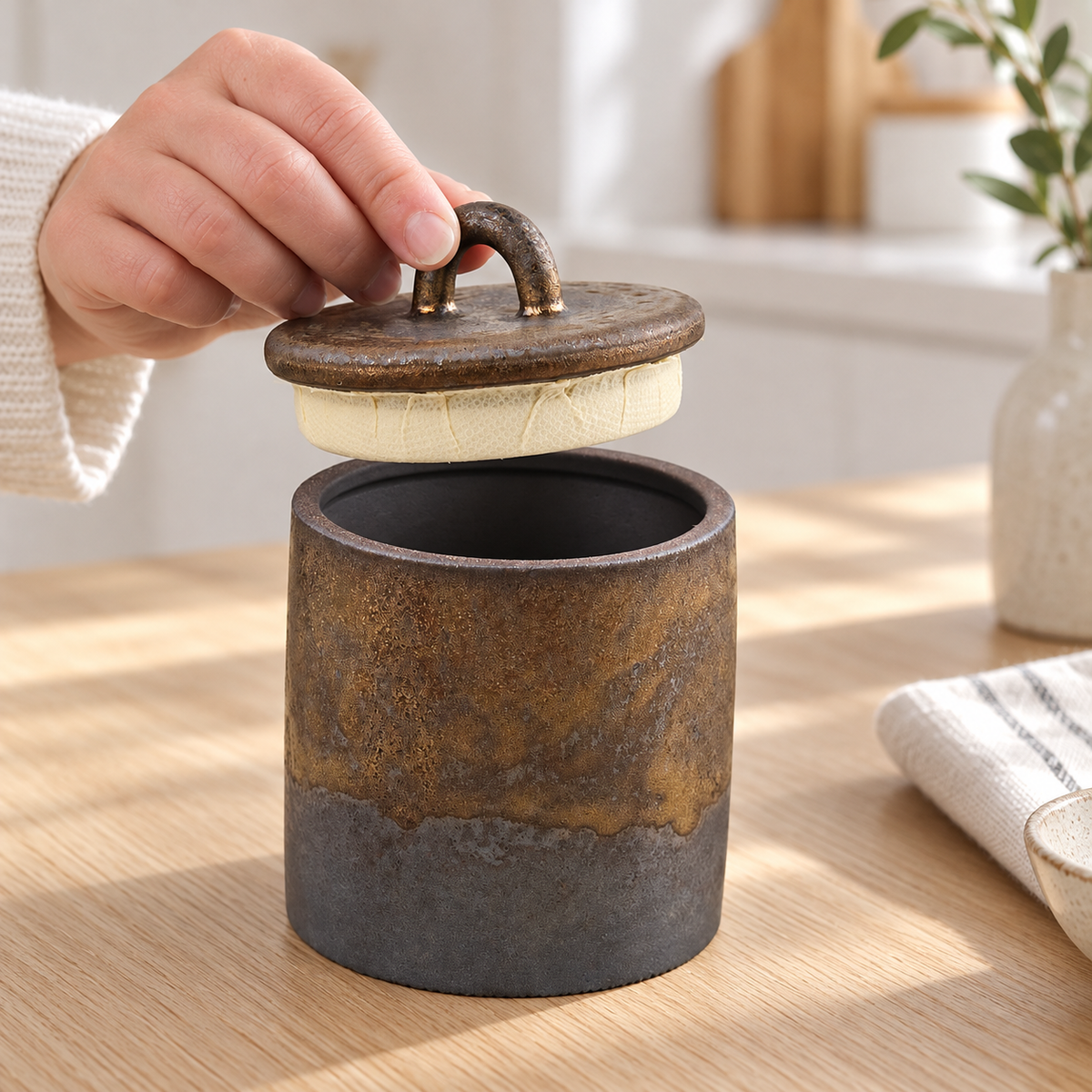 Hand lifting the tea canister lid showing its fabric-covered plug