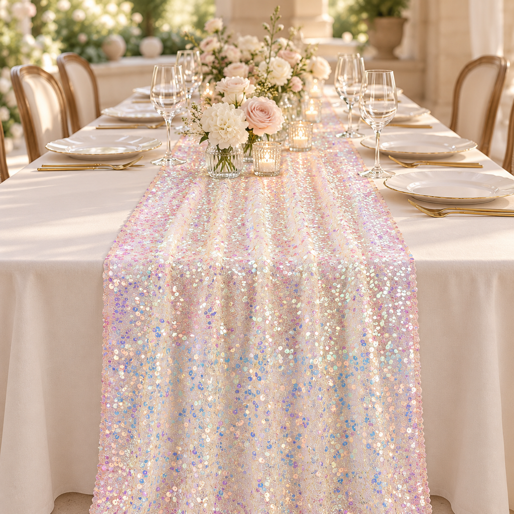 Champagne iridescent sequin mesh table runner styled on an elegant banquet table; tableware and flowers are styling props.