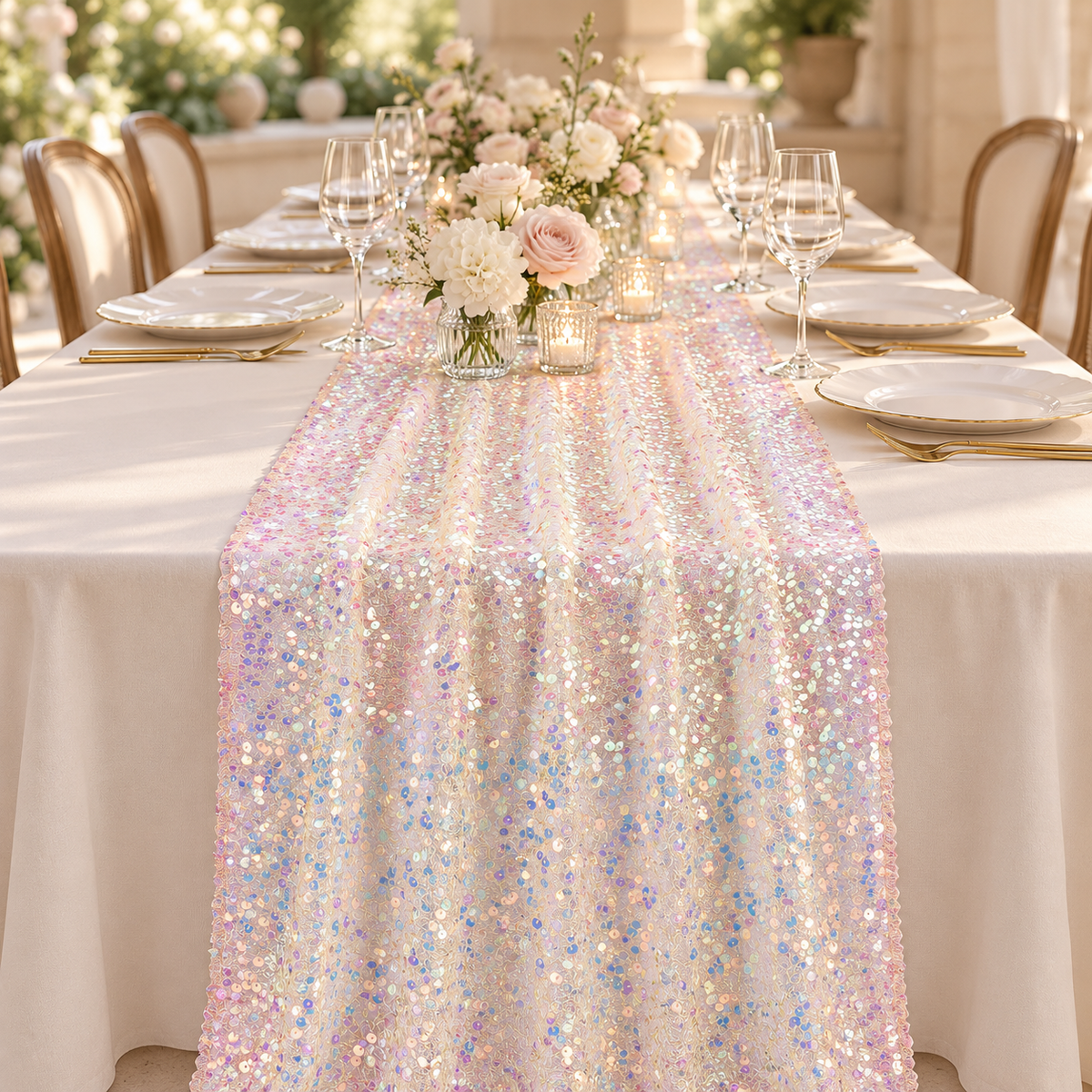Champagne iridescent sequin mesh table runner styled on an elegant banquet table; tableware and flowers are styling props.