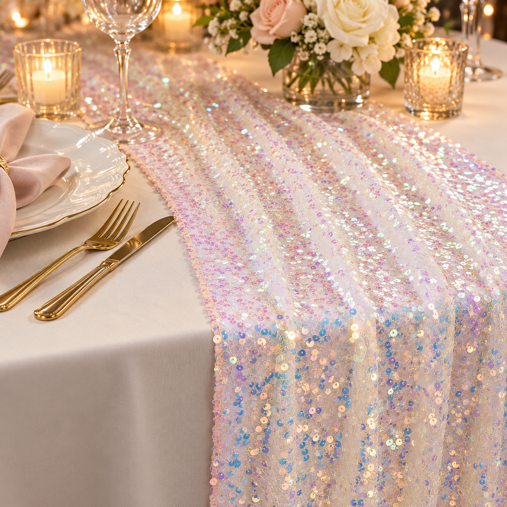 Close-up of the champagne iridescent sequin mesh runner in a candlelit table setting; accessories are styling props.