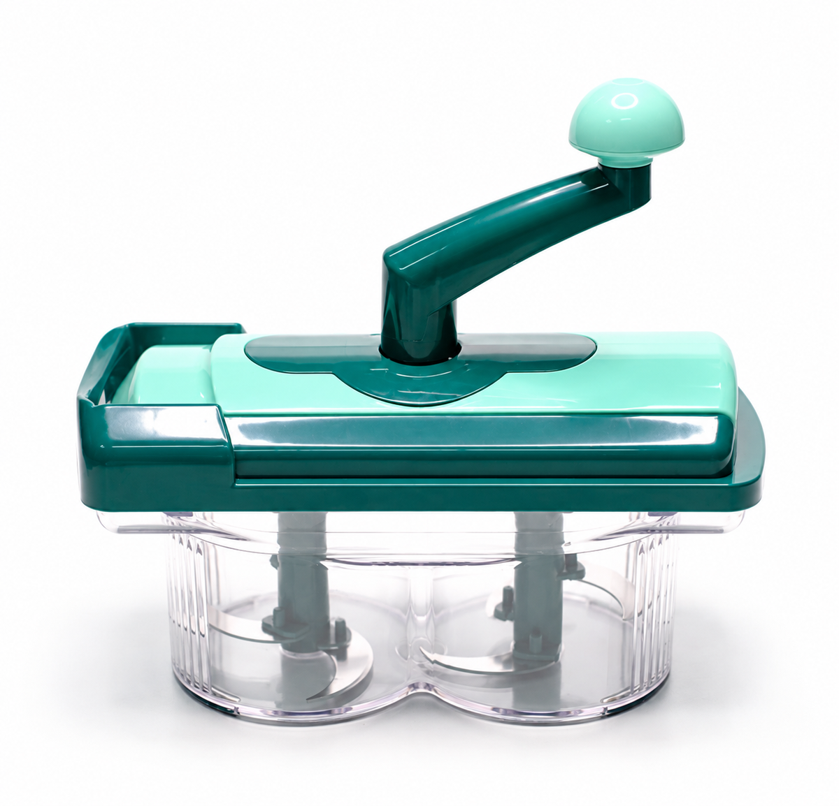 Green hand-crank vegetable chopper, white