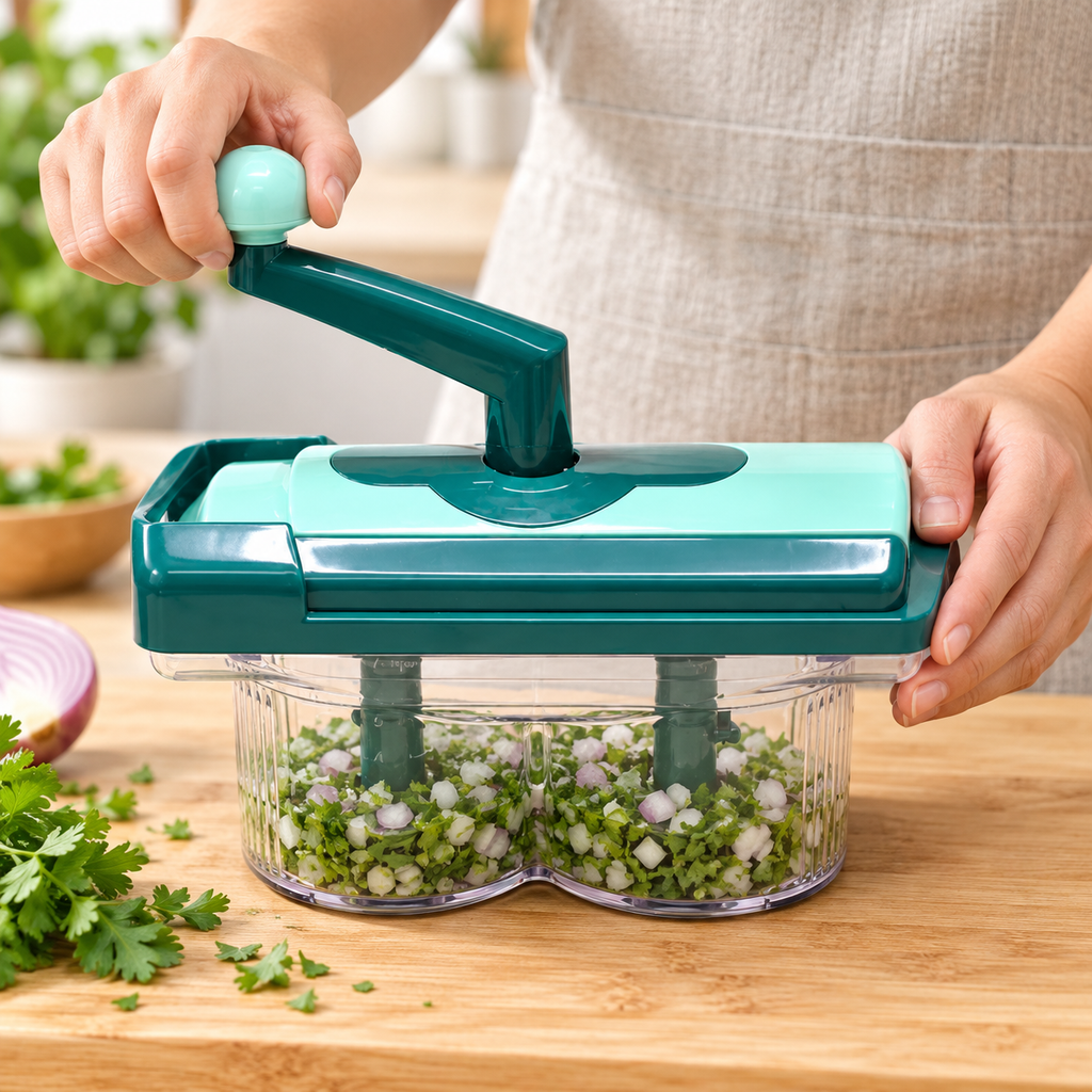 Green hand-crank vegetable chopper, use