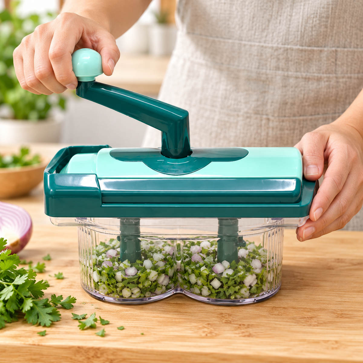 Green hand-crank vegetable chopper, use