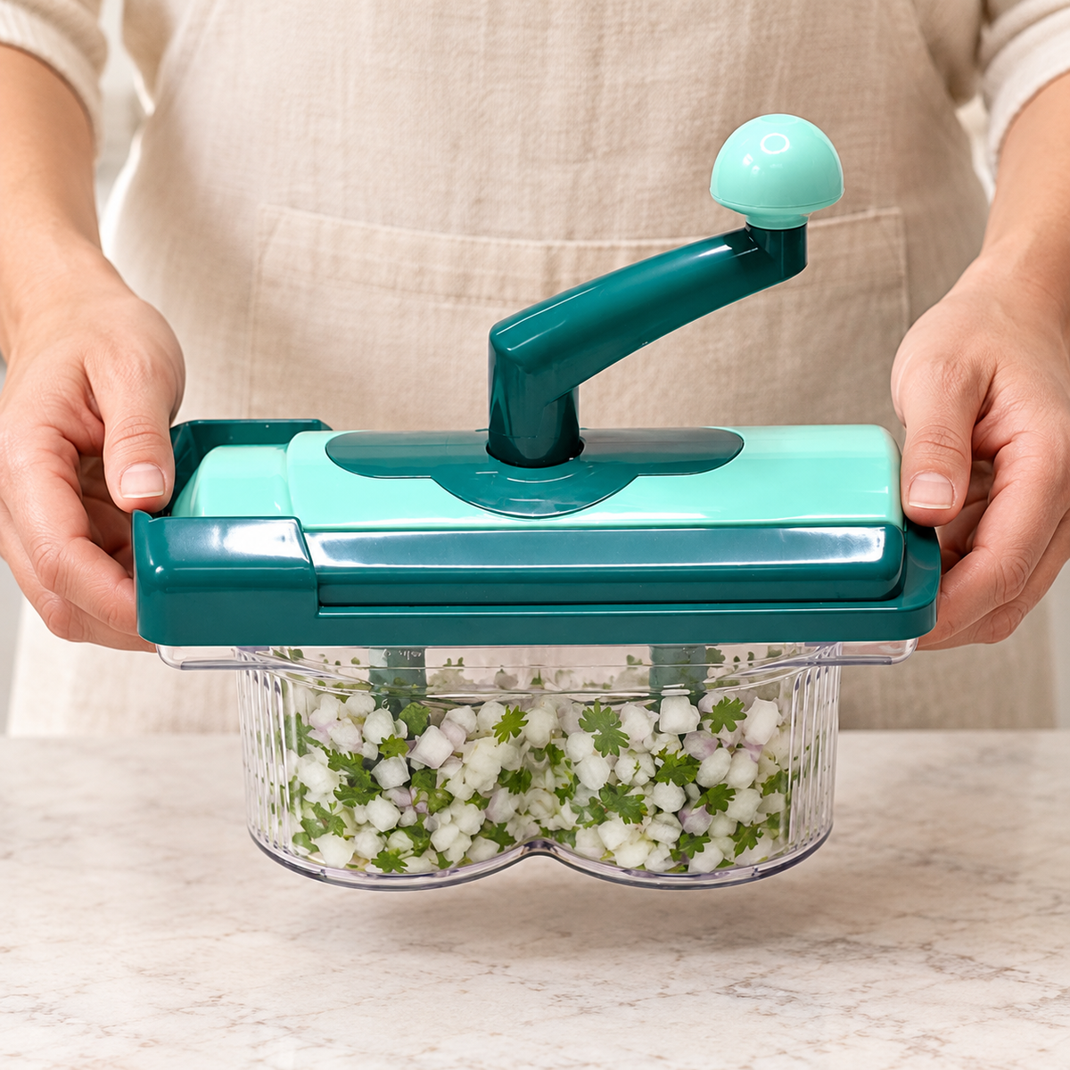 Green hand-crank vegetable chopper, carry