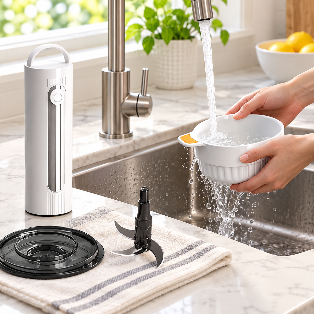 Rinsing detachable bowl with motor kept dry and blade removed