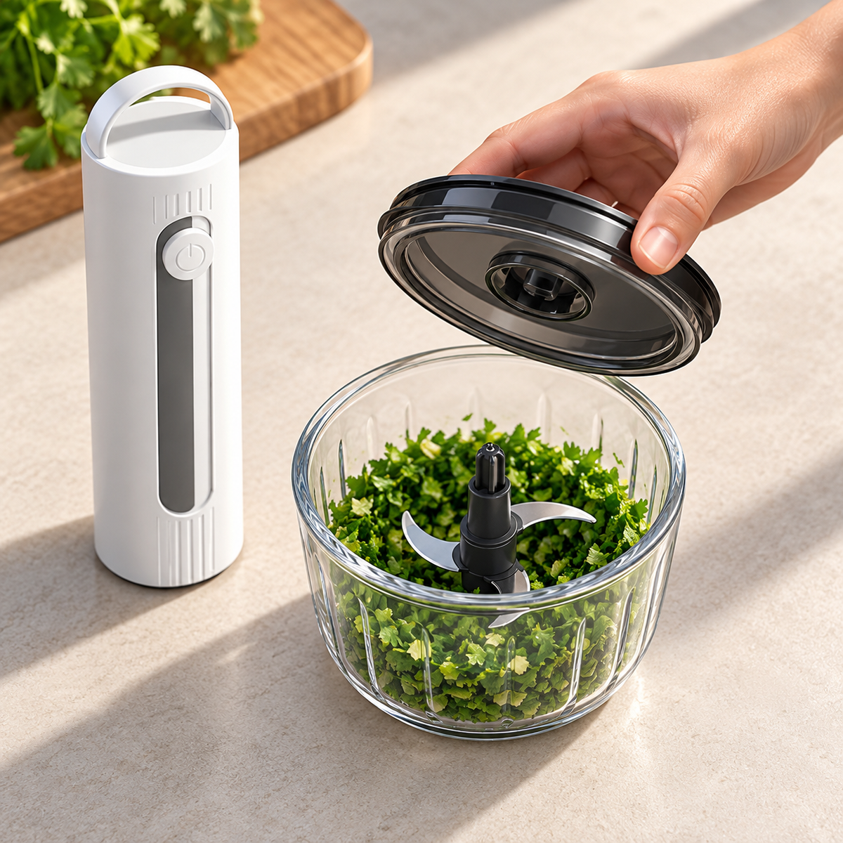 Detached motor and lifted lid revealing chopped herbs in the bowl