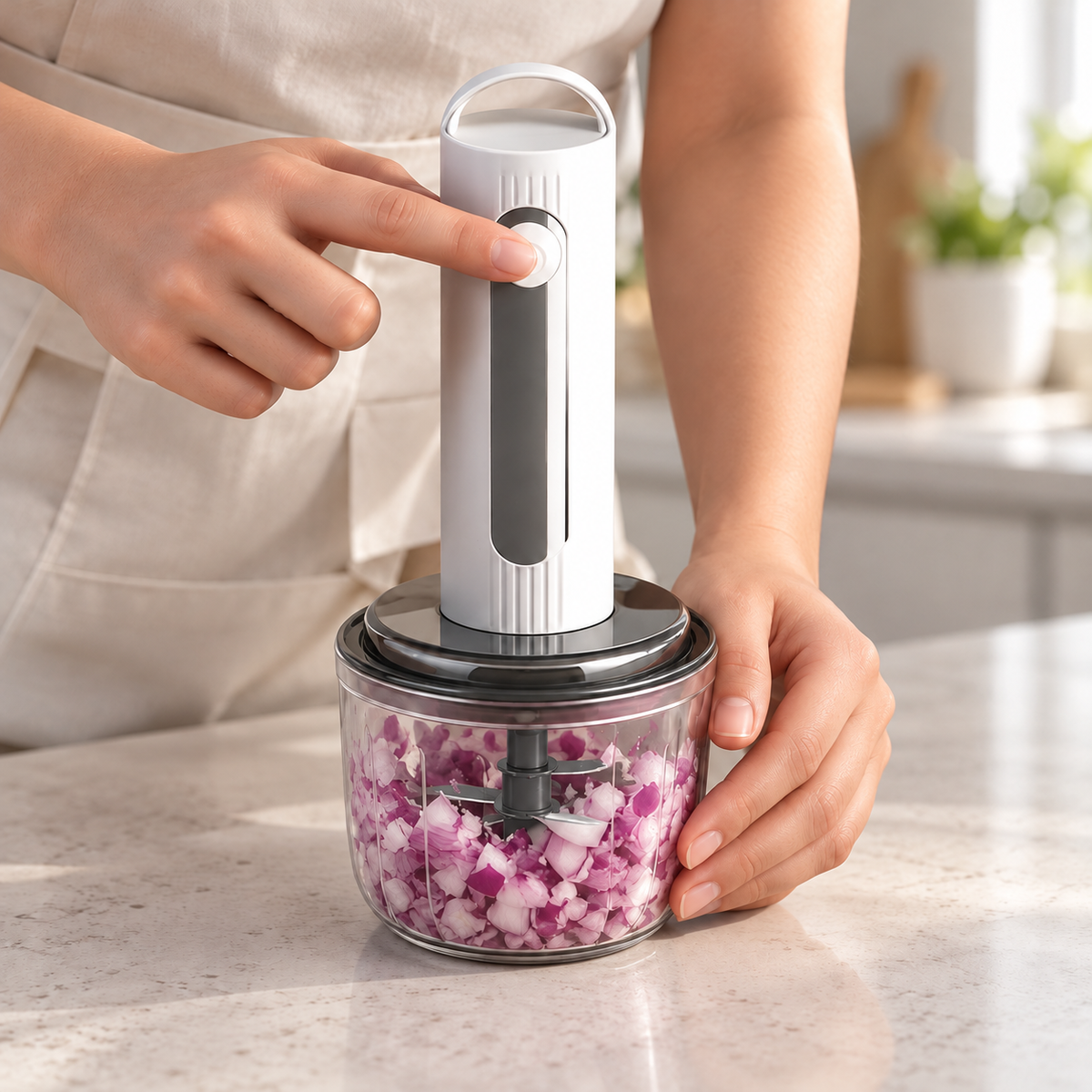 Hand pressing the cordless chopper button with the dark blade spindle visible