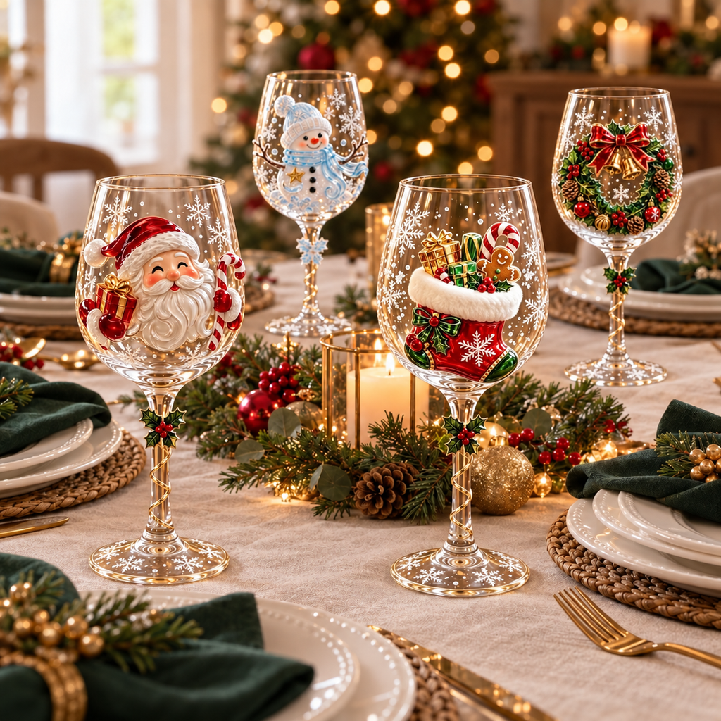 Styled Christmas table showing four designs from the six-piece wine glass set; table styling and accessories are not included.
