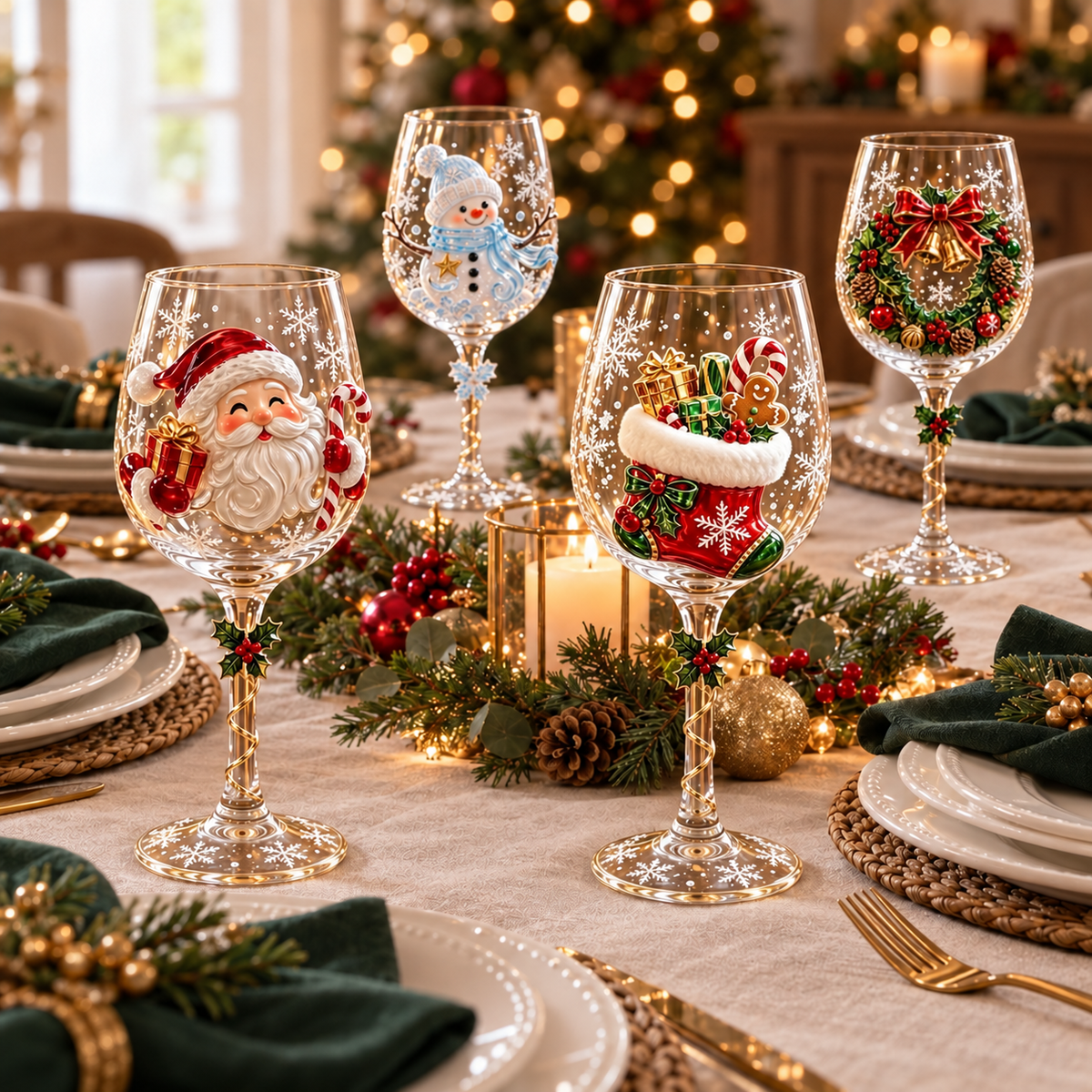 Styled Christmas table showing four designs from the six-piece wine glass set; table styling and accessories are not included.