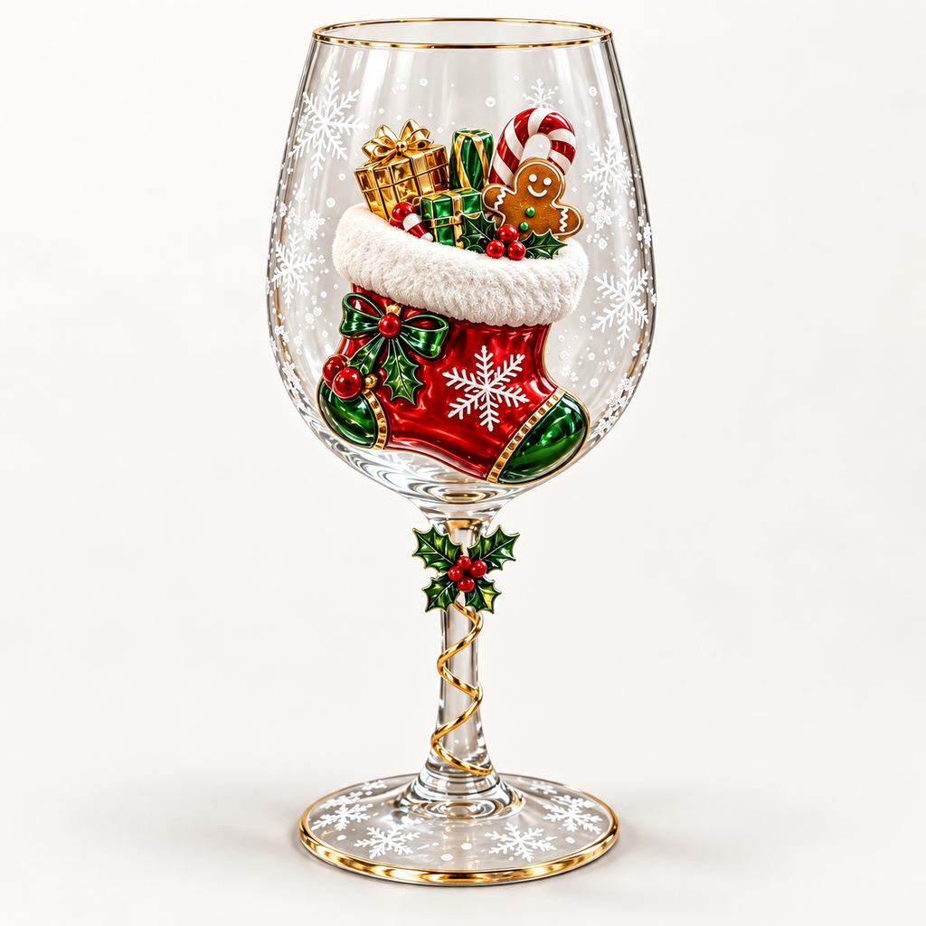Christmas stocking design from the six-piece Christmas wine glass set on an off-white studio background.
