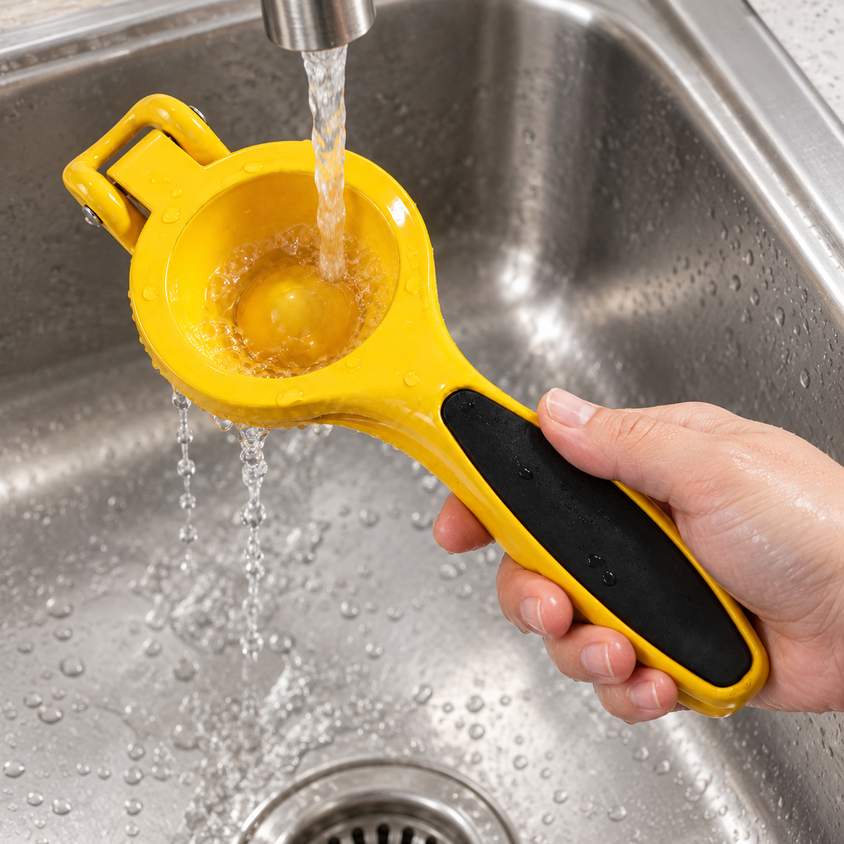 Yellow manual citrus juicer being rinsed under tap water after use.