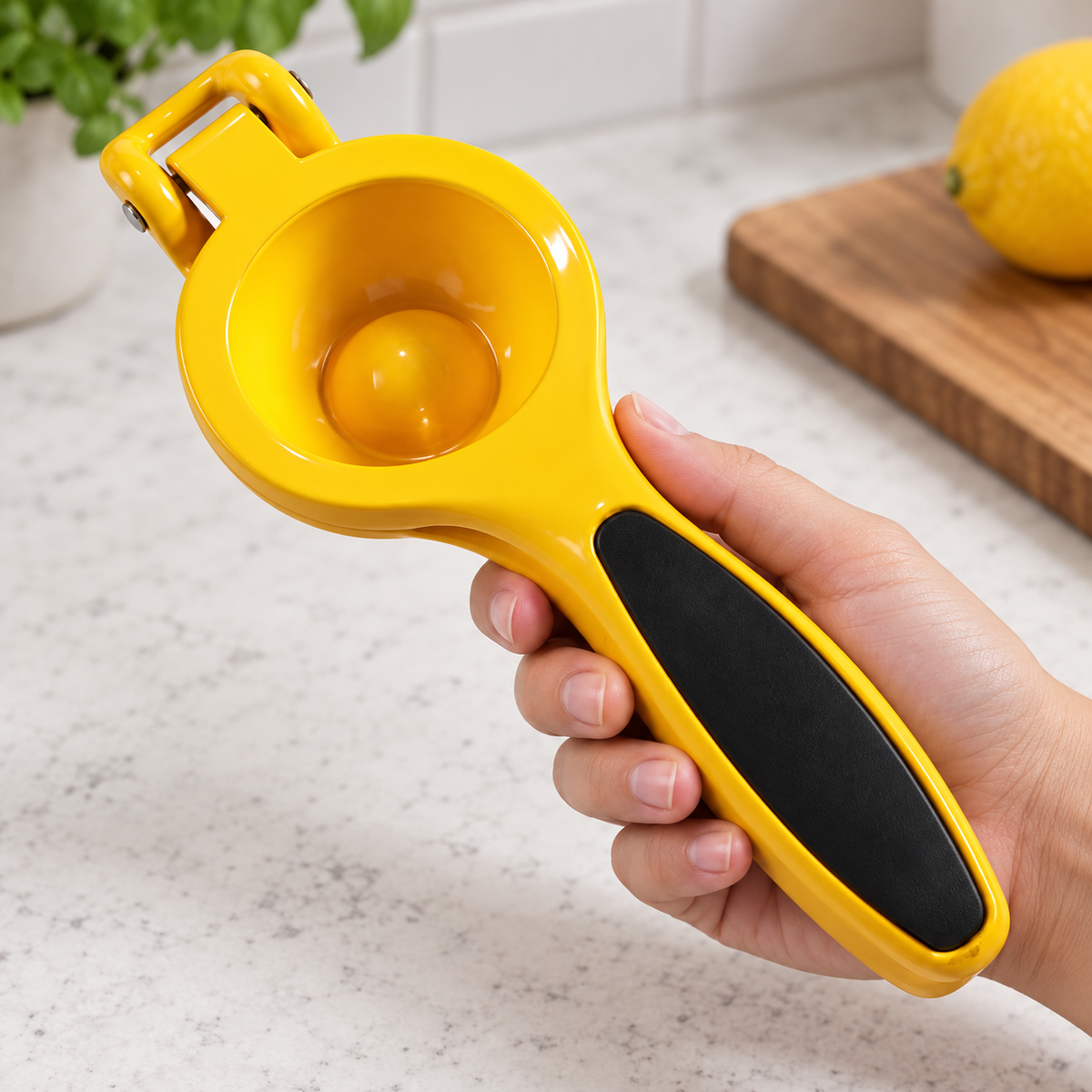 Adult hand holding the yellow manual citrus juicer to show grip and scale; fruit not included.
