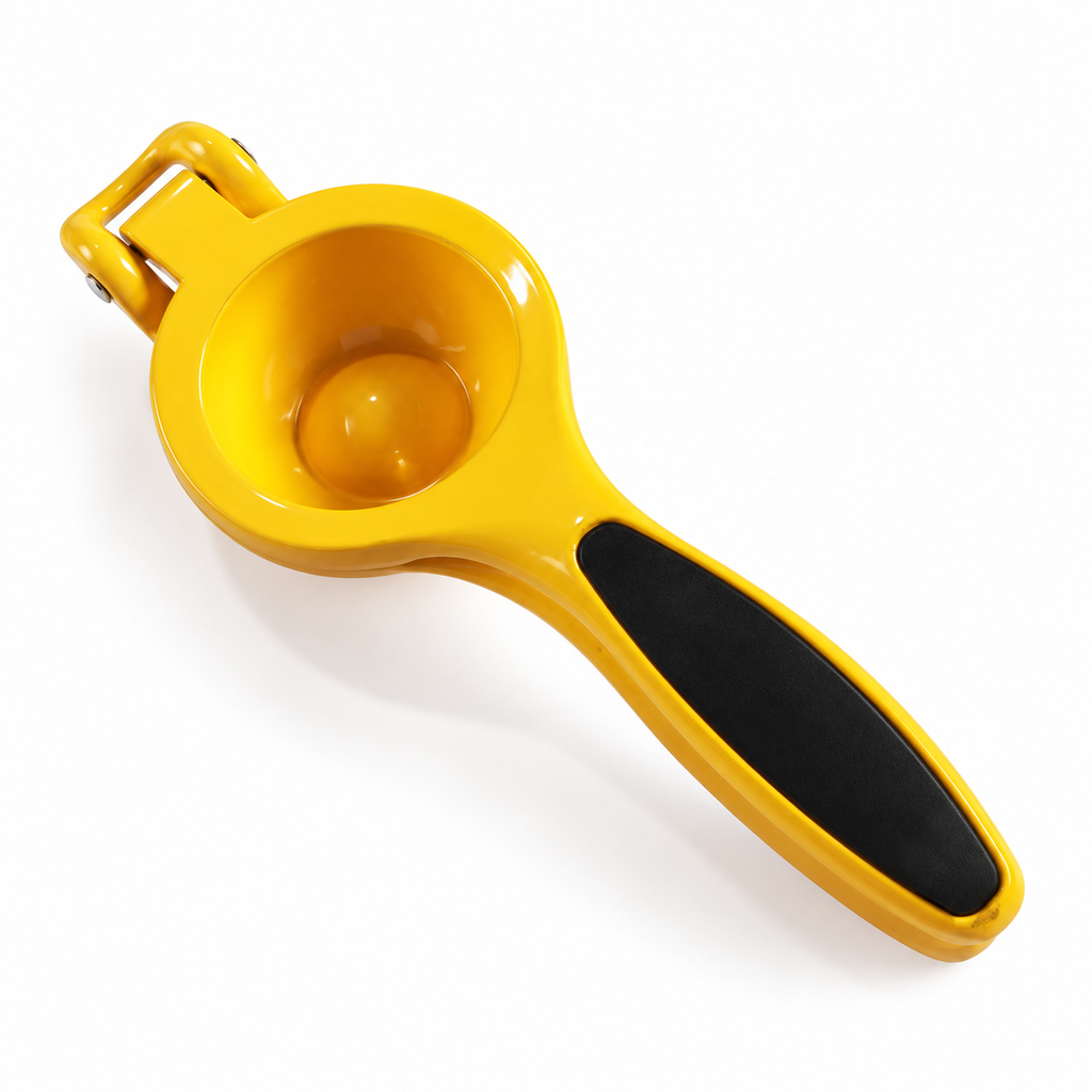 Yellow manual citrus juicer with black grip on a white background.
