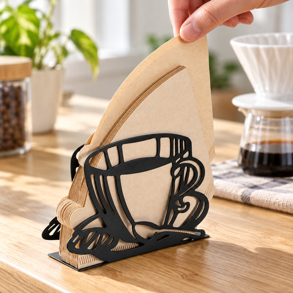 Hand lifting one brown paper filter from the black holder; filters and brewer not included