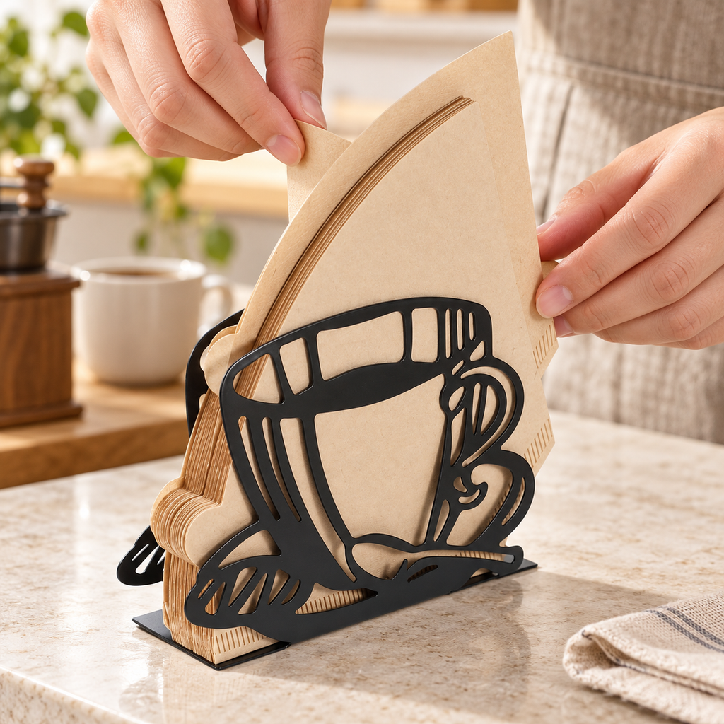 Hands restocking brown paper filters in the black cup silhouette holder; filters not included