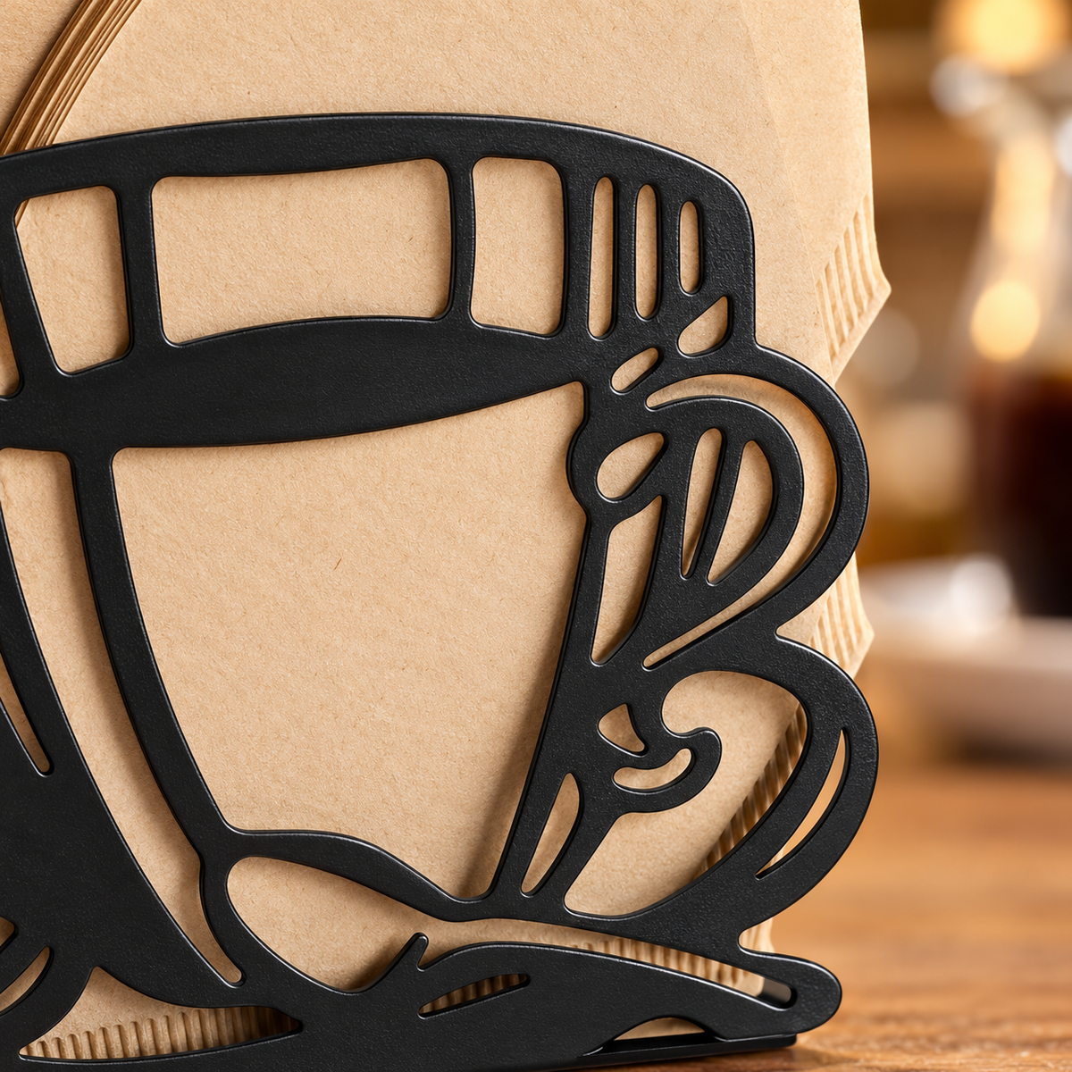 Close detail of the black cup handle and rim cutouts; paper filters not included
