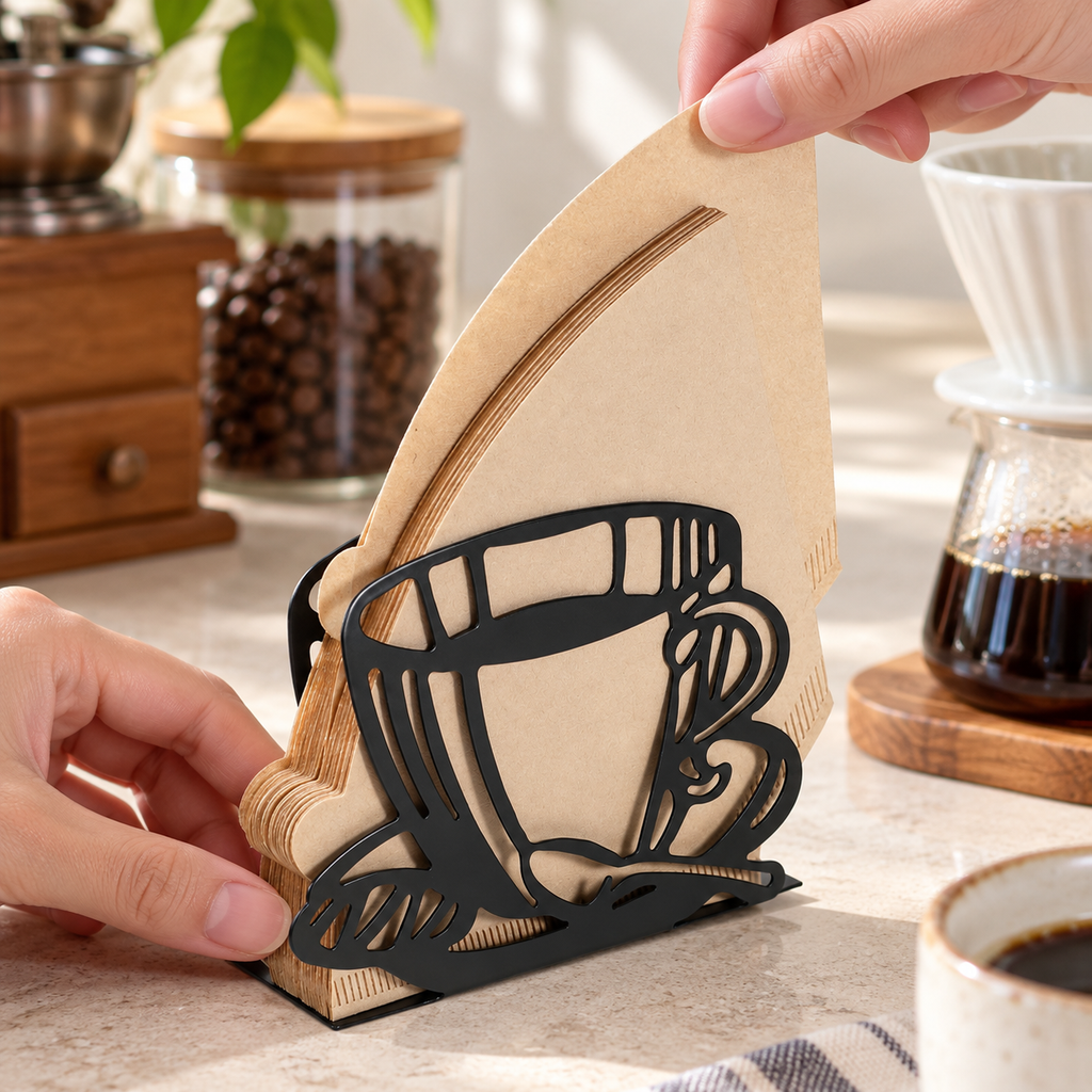 Hands separating a paper filter while steadying the black holder; filters and coffee equipment are props