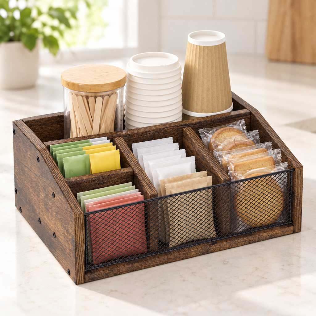 Brown coffee organizer styled for tea; contents and accessories not included