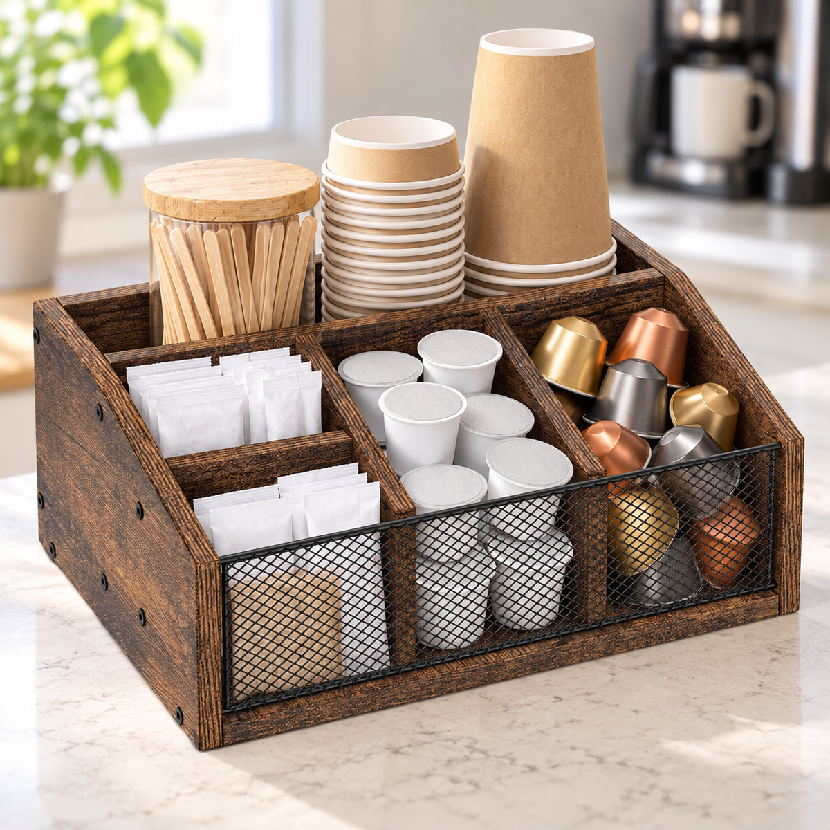 Brown coffee organizer styled for coffee; contents and accessories not included