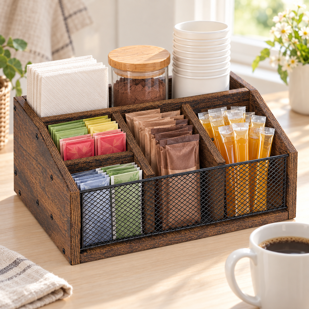 Brown coffee organizer styled for breakfast; contents and accessories not included