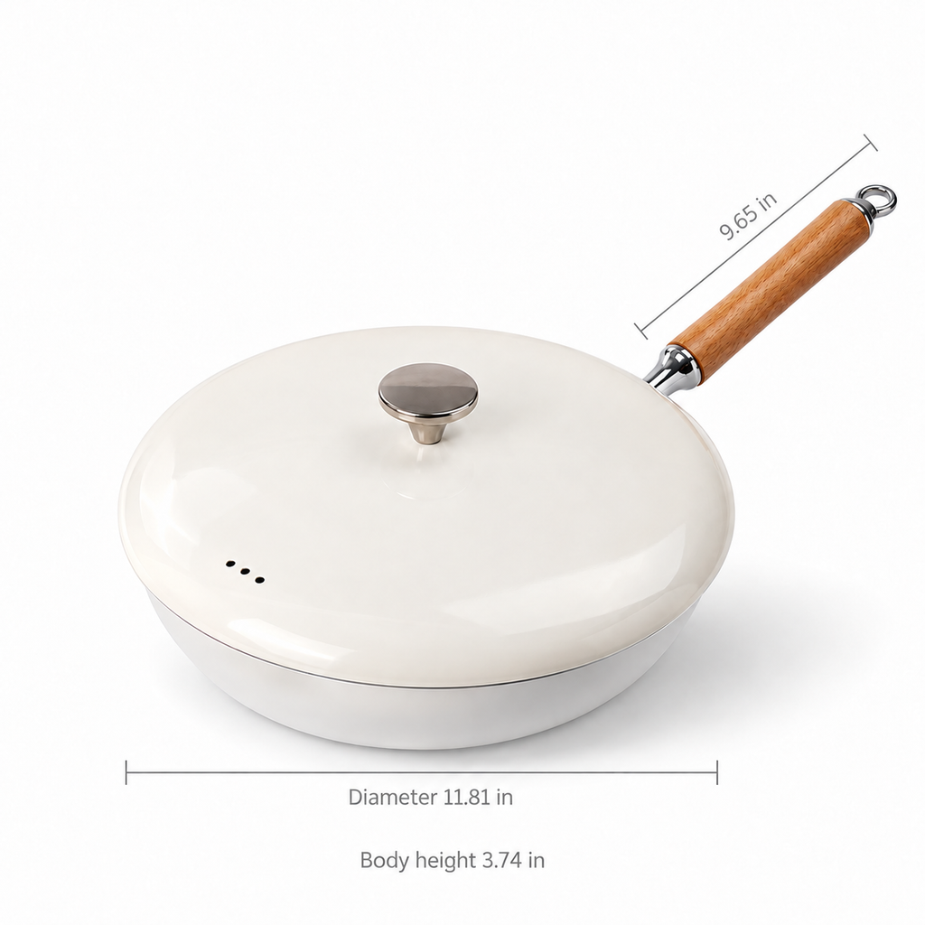 Diameter 11.81 in; Body height 3.74 in; Handle length 9.65 in. Approximate converted measurements.