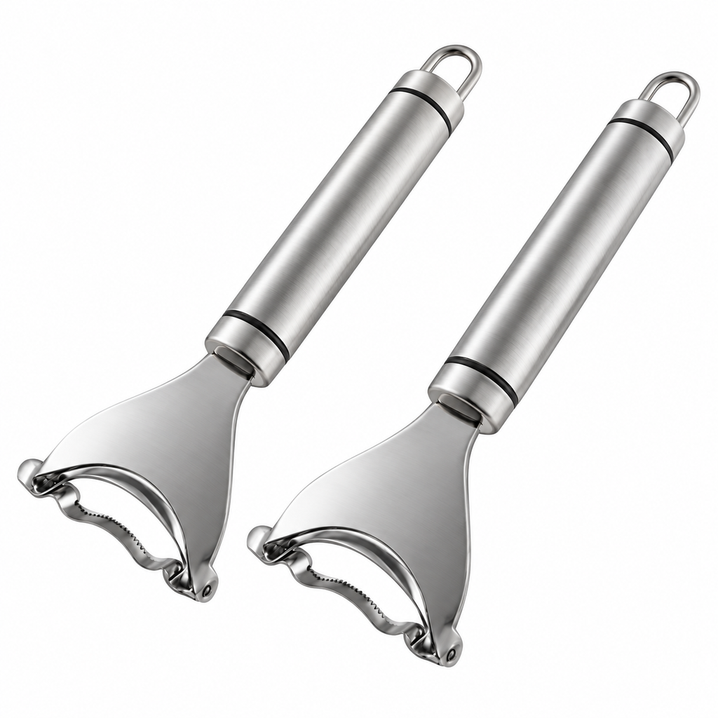 Two stainless steel corn scrapers on white, showing the two-piece selling unit.