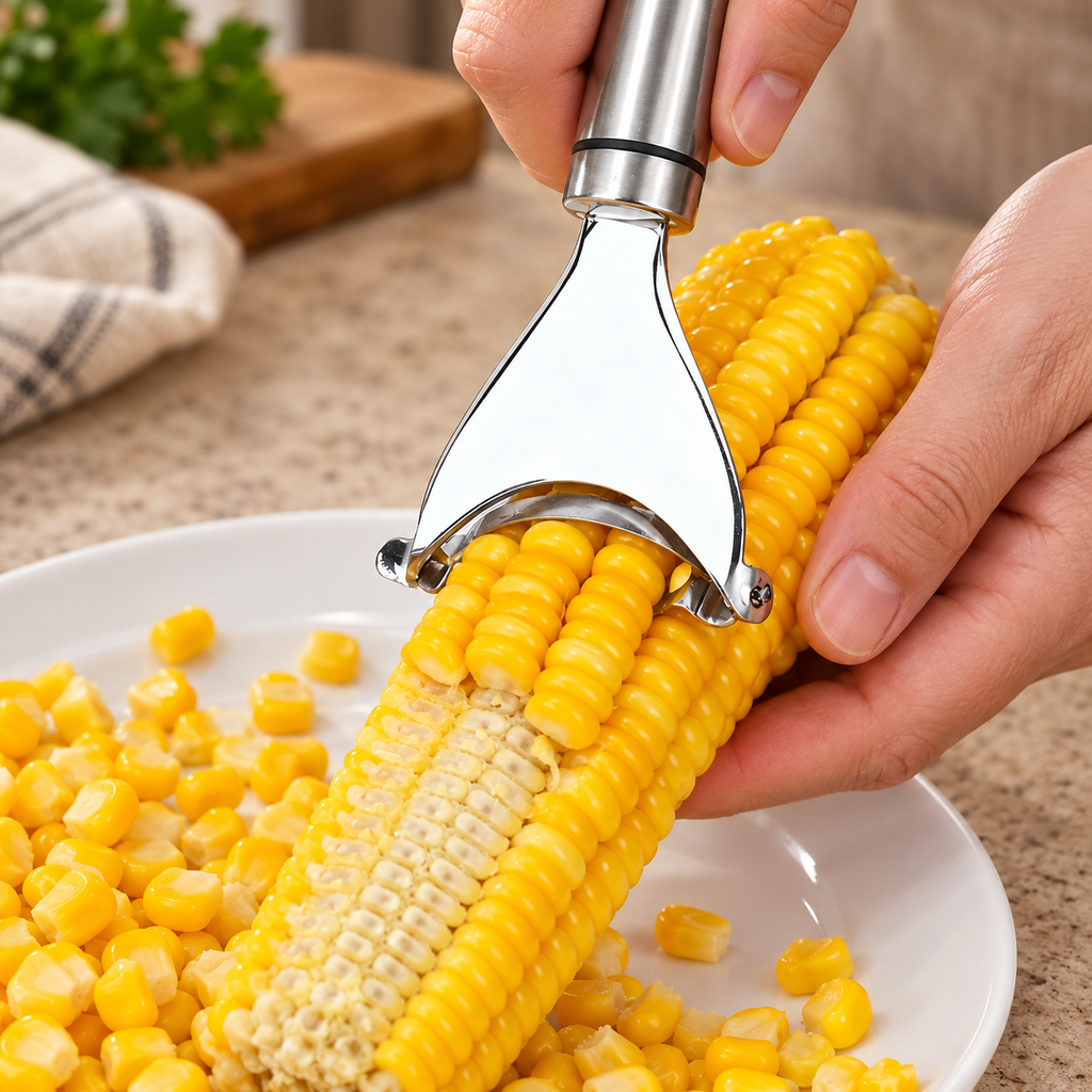 One of the two stainless steel corn scrapers removing kernels from a corn cob. Corn, plate and styling props are not included.