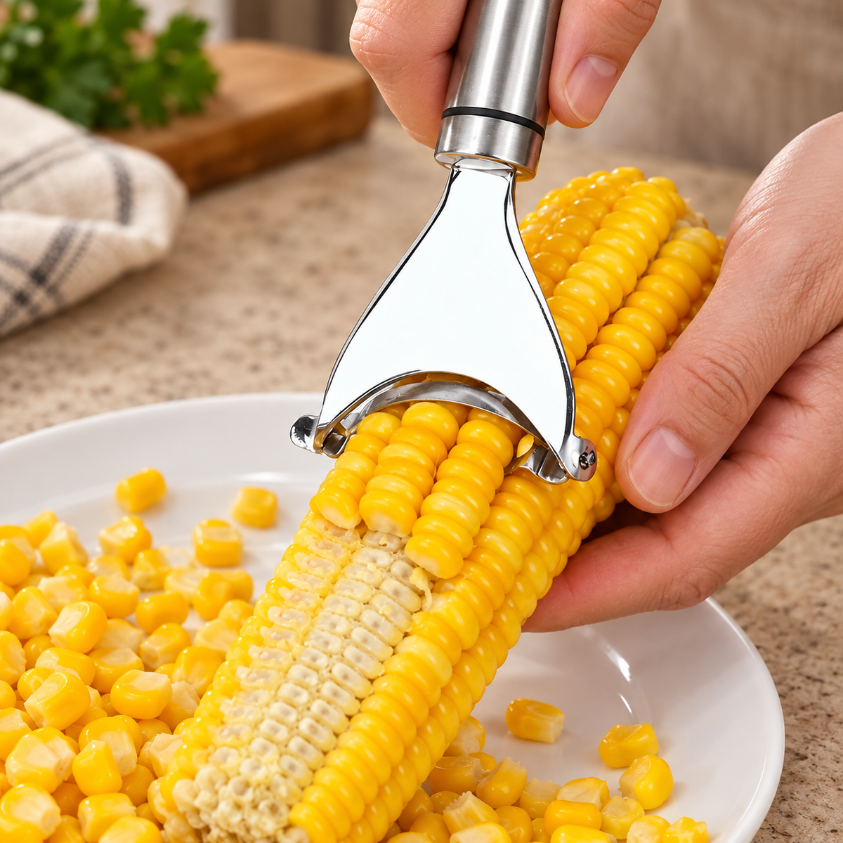 One of the two stainless steel corn scrapers removing kernels from a corn cob. Corn, plate and styling props are not included.