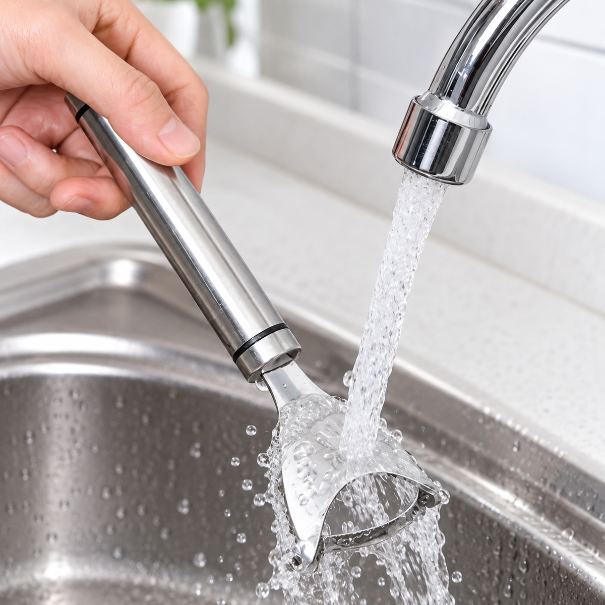 One of the two stainless steel corn scrapers being rinsed at the sink. Sink and styling props are not included.