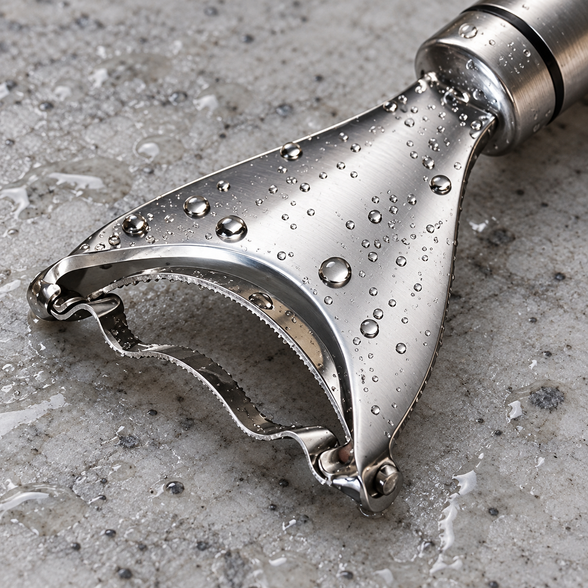 Close detail of the curved toothed cutting head of one stainless steel corn scraper from the two-piece set.