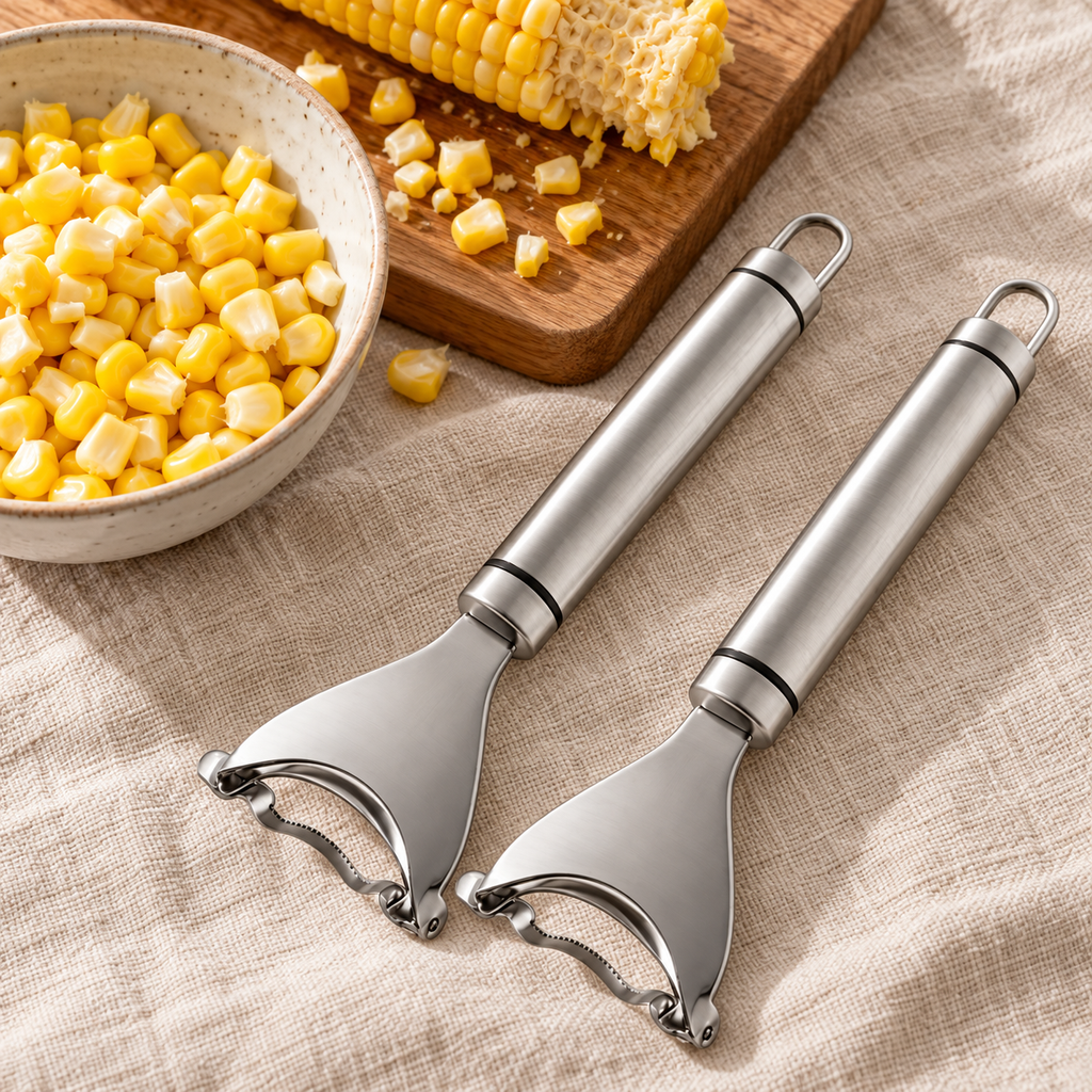 Two stainless steel corn scrapers beside prepared corn. Food, bowl, board and linen are styling props and are not included.