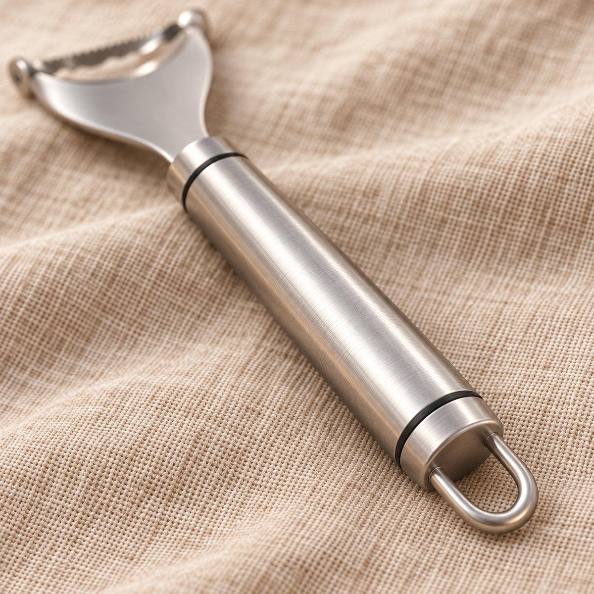 Close detail of the tubular handle and hanging loop on one stainless steel corn scraper from the two-piece set. Linen is not included.