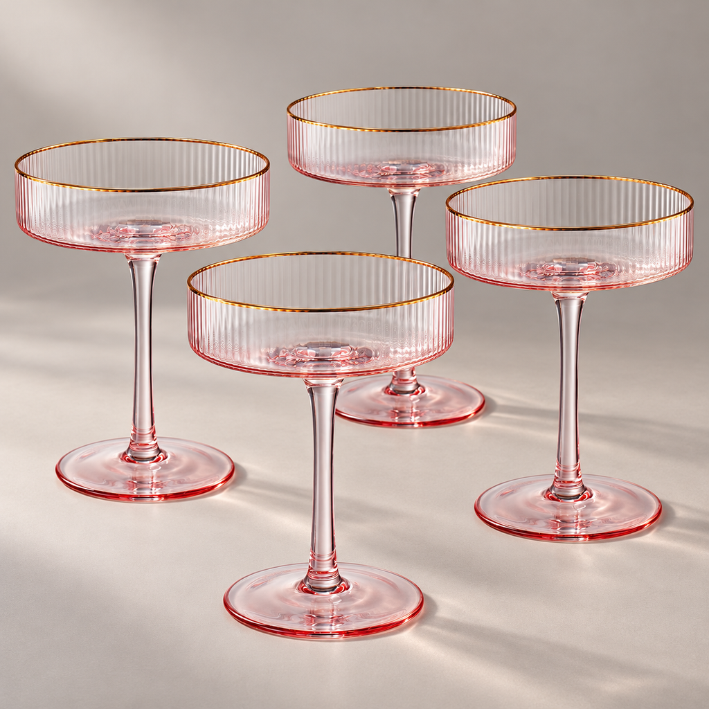 Ribbed Pink Coupe Glasses with Gold Rim, Set of 4 — complete matching set