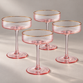 Ribbed Pink Coupe Glasses with Gold Rim, Set of 4 — complete matching set