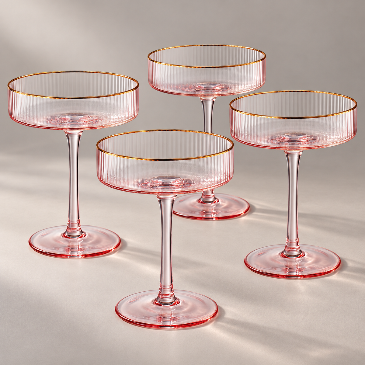 Ribbed Pink Coupe Glasses with Gold Rim, Set of 4 — complete matching set