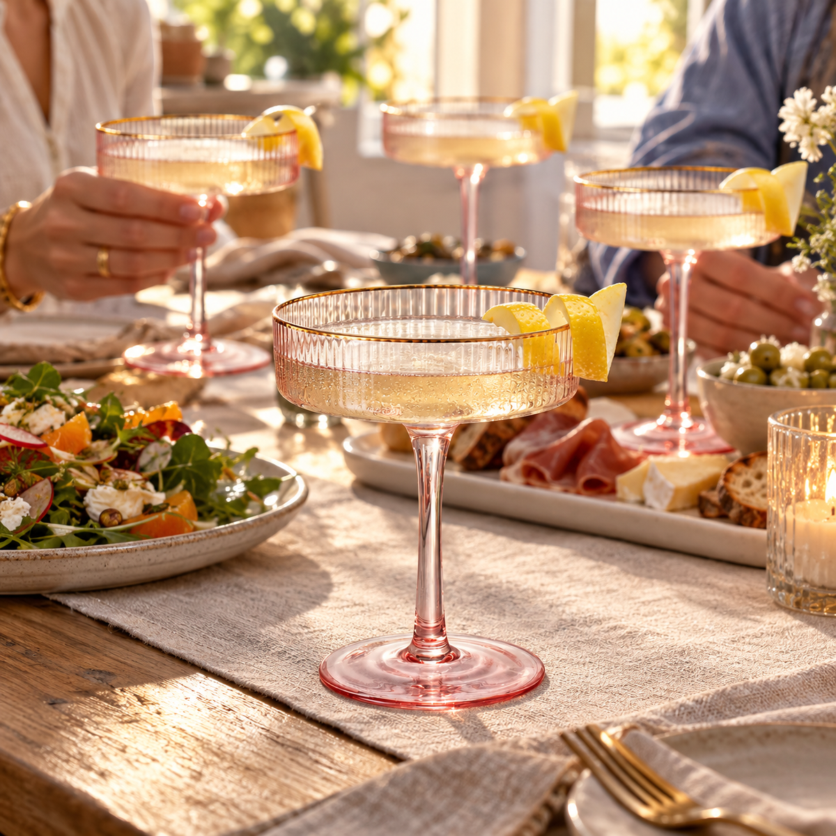 Ribbed Pink Coupe Glasses with Gold Rim, Set of 4 — gathering table