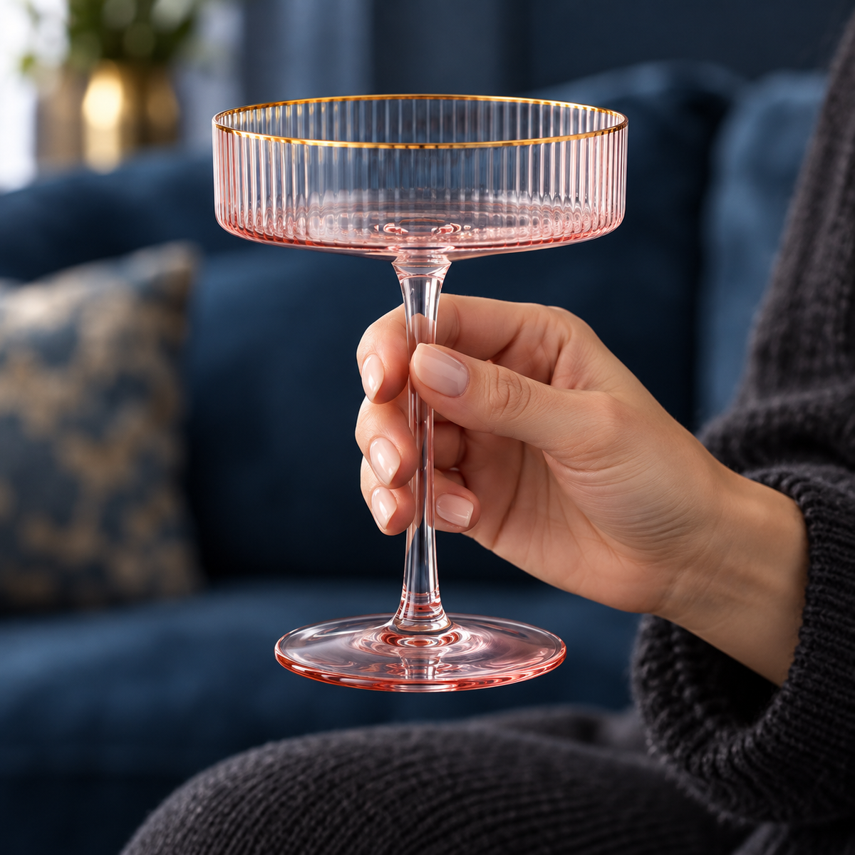 Ribbed Pink Coupe Glasses with Gold Rim, Set of 4 — handheld scale view