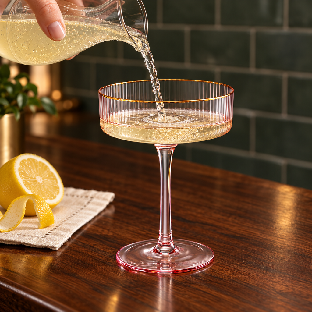 Ribbed Pink Coupe Glasses with Gold Rim, Set of 4 — pouring a chilled drink