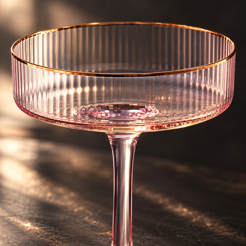 Ribbed Pink Coupe Glasses with Gold Rim, Set of 4 — rim and bowl detail
