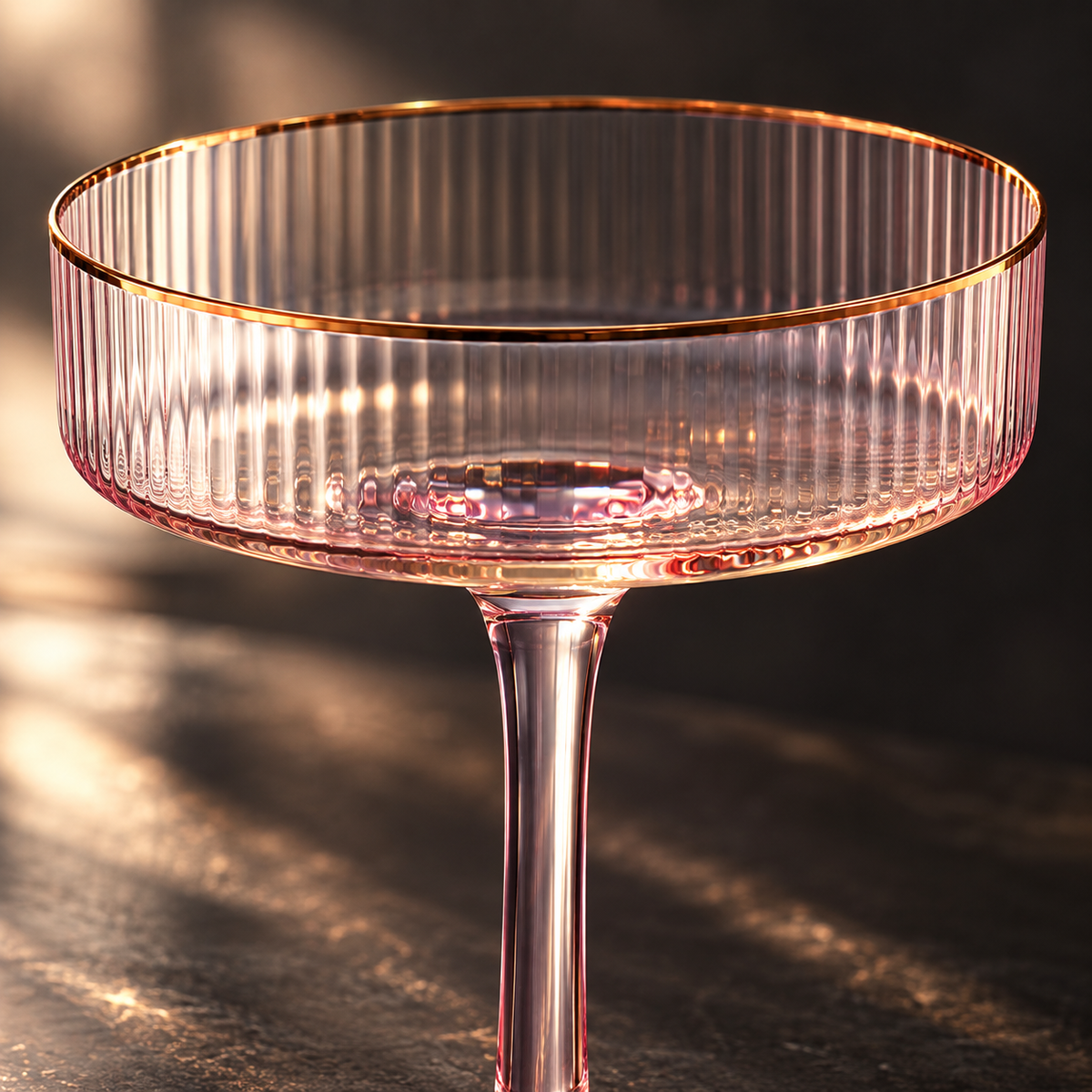 Ribbed Pink Coupe Glasses with Gold Rim, Set of 4 — rim and bowl detail