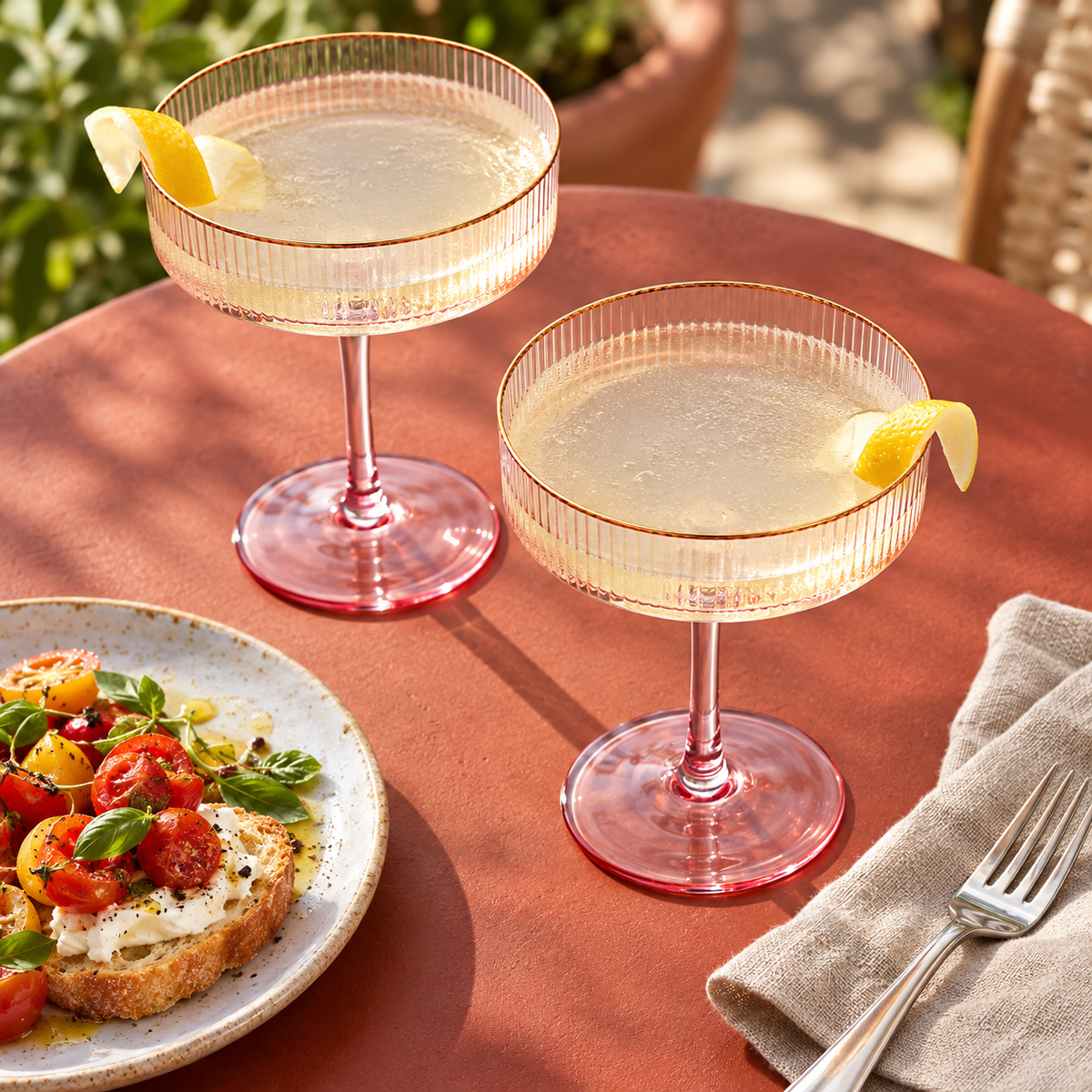 Ribbed Pink Coupe Glasses with Gold Rim, Set of 4 — high-angle food pairing
