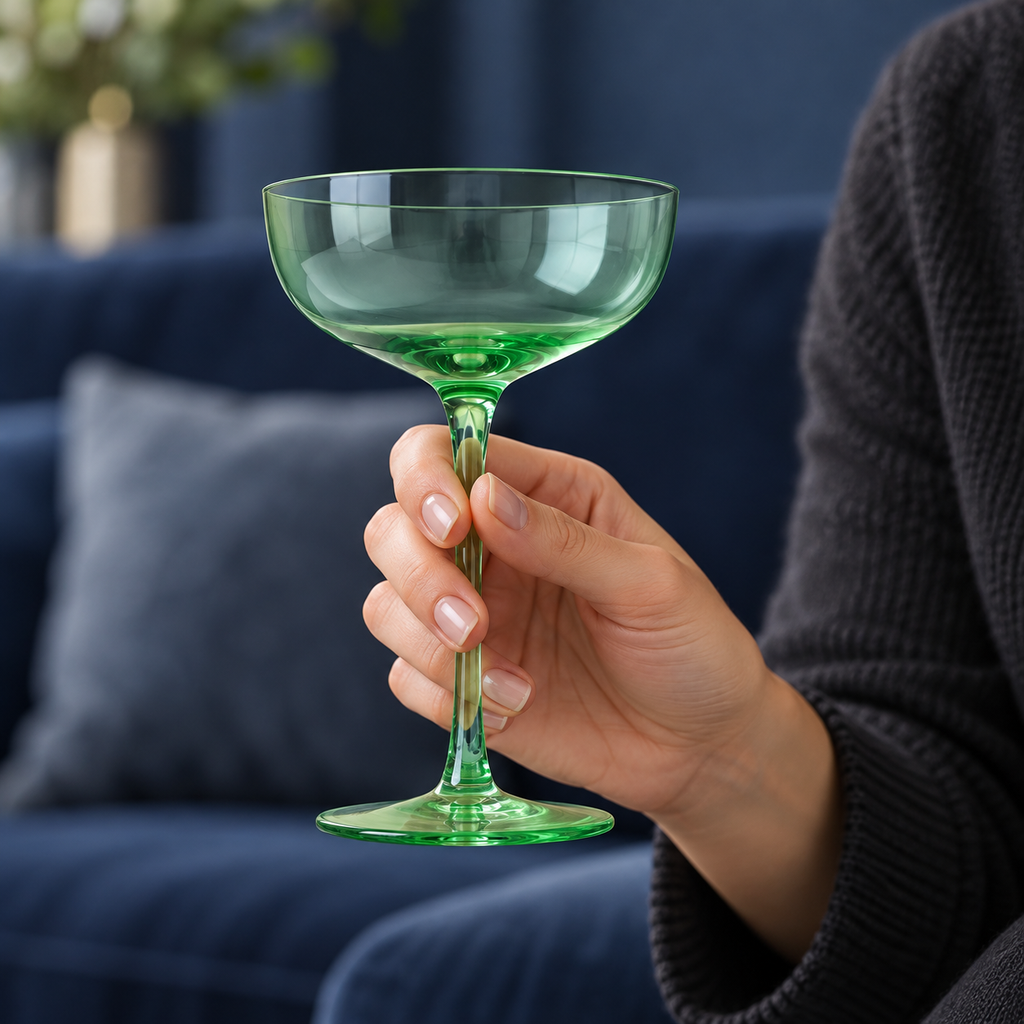 Coloured Coupe Glasses, 7 oz, Set of 4, Green — handheld scale view