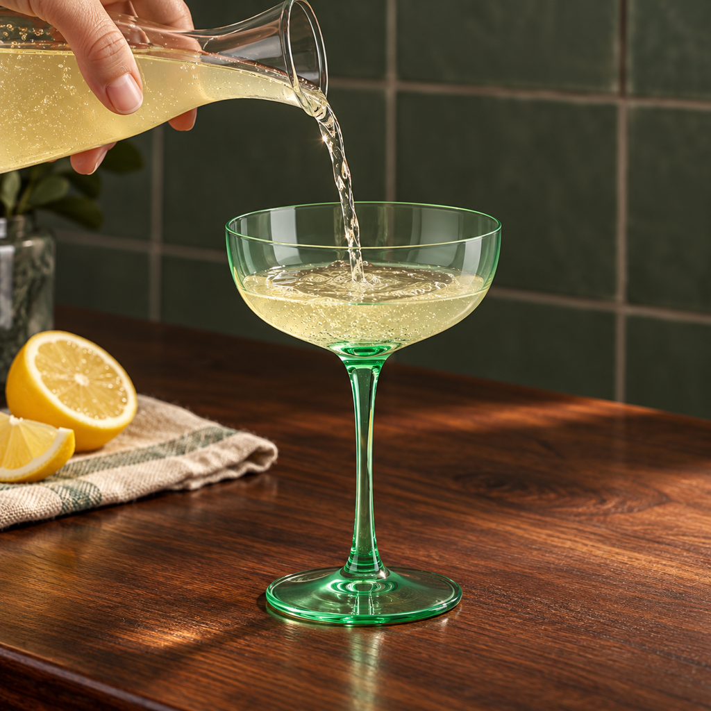 Coloured Coupe Glasses, 7 oz, Set of 4, Green — pouring a chilled drink
