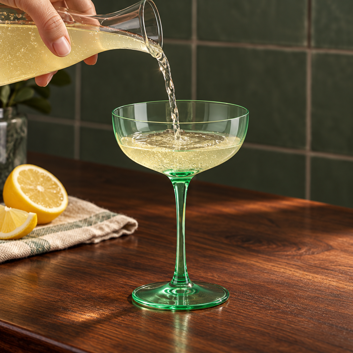 Coloured Coupe Glasses, 7 oz, Set of 4, Green — pouring a chilled drink