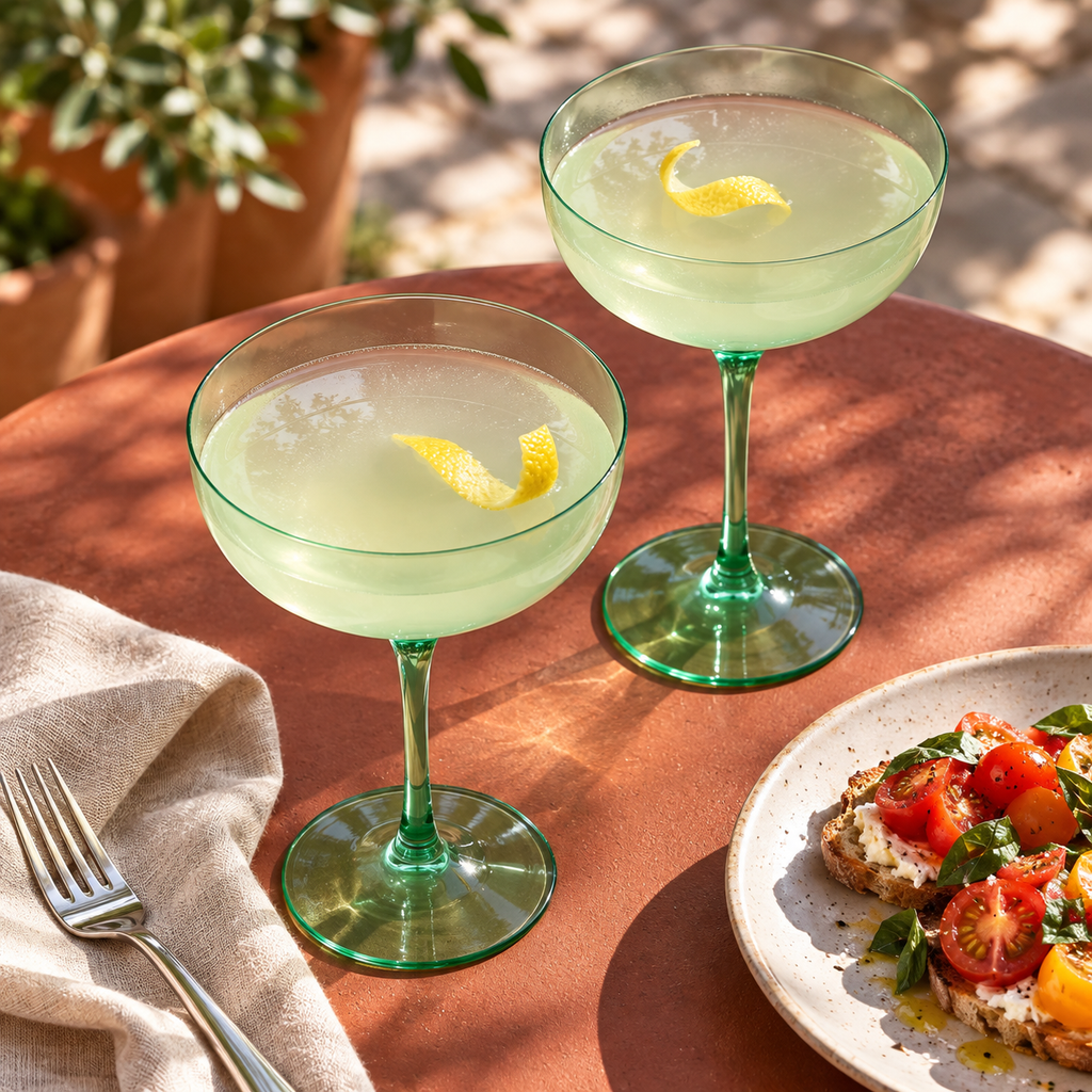 Coloured Coupe Glasses, 7 oz, Set of 4, Green — high-angle food pairing