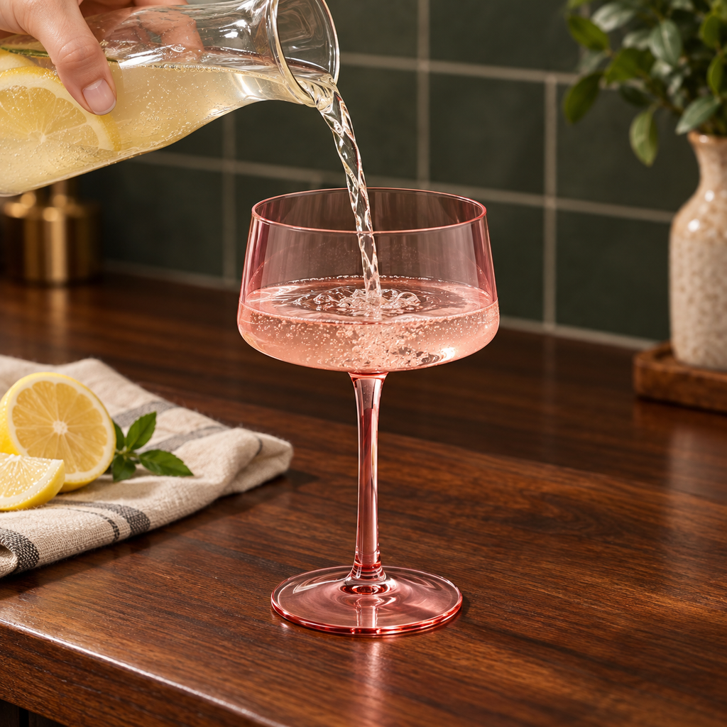 Tall Pink Coupe Cocktail Glasses, 13 oz, Set of 6 — pouring a chilled drink