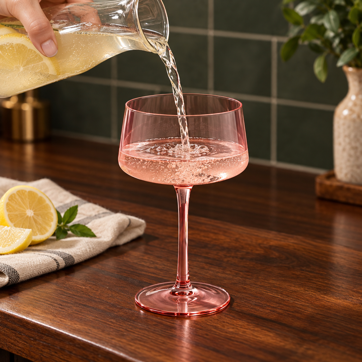 Tall Pink Coupe Cocktail Glasses, 13 oz, Set of 6 — pouring a chilled drink